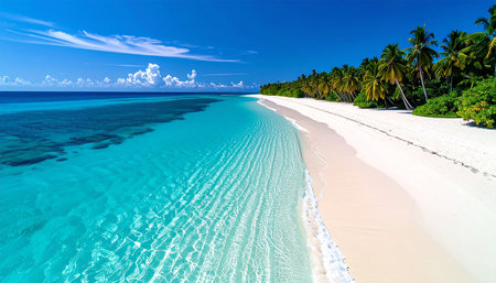 Beautiful white sand beach on tropical island with palm trees at Maldivesの素材