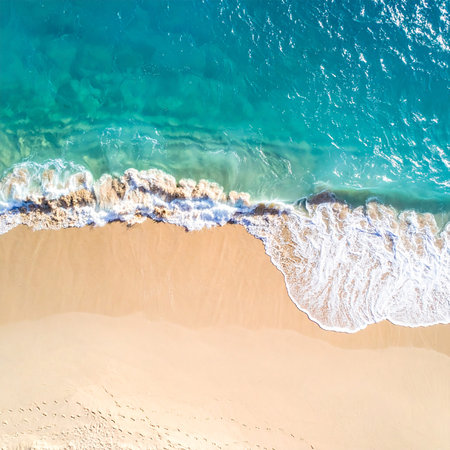 Aerial view of beautiful beach with turquoise water and white sandの素材