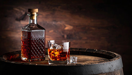 Whiskey on old barrel with ice cubes on dark wooden backgroundの素材