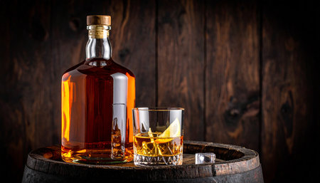Whiskey bottle and glass of whiskey on old barrel on wooden backgroundの素材