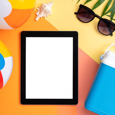 Tablet computer with blank screen, sunglasses and beach ball on colorful backgroundの素材