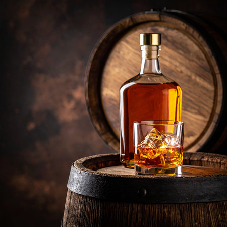 Whiskey in a glass with ice on a wooden barrel.の素材
