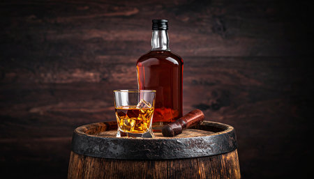 Whiskey in glass and bottle on old barrel on wooden backgroundの素材