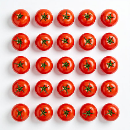 Pattern of red tomatoes on white background. Flat lay, top viewの素材