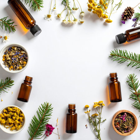 Essential oil and herbs on a white background. top view.の素材