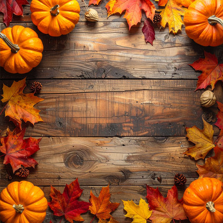 Autumn background with pumpkins and leaves on rustic wooden boardの素材