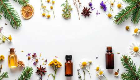 Essential oil with chamomile flowers and herbs on white backgroundの素材