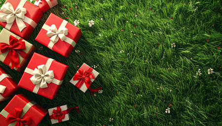 Gift boxes on green grass with flowers. 3d illustration.の素材