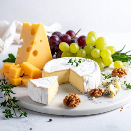 Camembert cheese with grapes, walnuts and thyme on white backgroundの素材