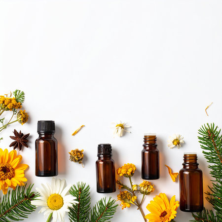 Essential oil with calendula flowers and herbs on white backgroundの素材