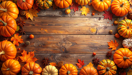 Frame of pumpkins and autumn leaves on wooden background with copy spaceの素材
