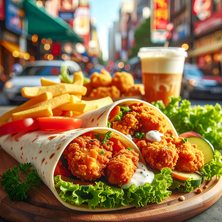 Tortilla wraps with chicken nuggets and french fries on the background of the cityの素材