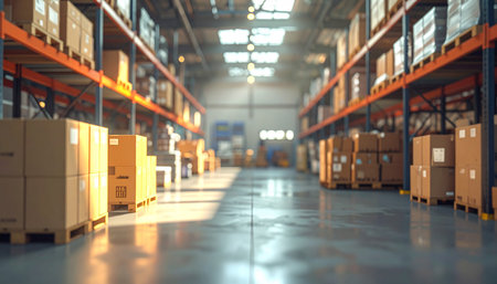 Warehouse or storehouse with rows of boxes. 3d renderingの素材