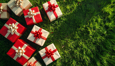 Gift boxes on green grass. Top view. Copy space.の素材