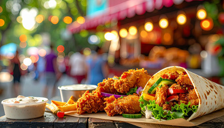 Fried chicken strips with french fries and salad on a wooden boardの素材