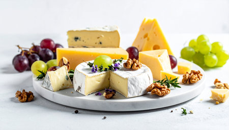 Cheese plate with camembert, brie, camembert, blue cheese, grape and walnut on white backgroundの素材