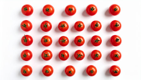 Cherry tomatoes on white background. Flat lay, top view.の素材