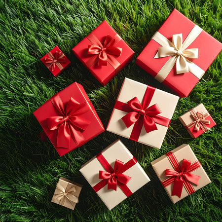Gift boxes on green grass background. Top view, flat layの素材