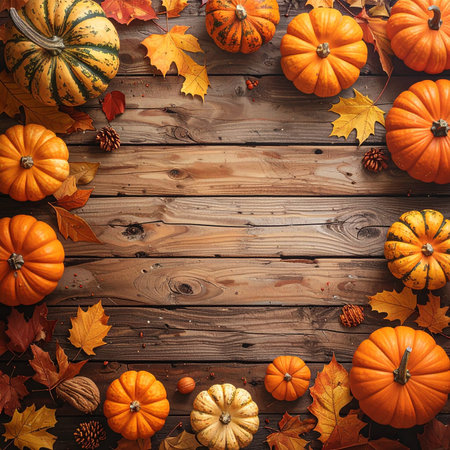Autumn background with pumpkins, leaves and pine cones on wooden boardの素材