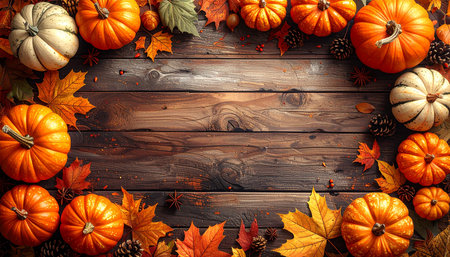 Autumn background with pumpkins and leaves on wooden planks.の素材