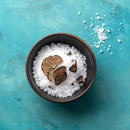 Sea salt in bowl on blue background. Top view, flat layの素材