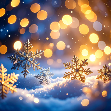 Christmas background with snowflakes, bokeh lights and snowdriftsの素材