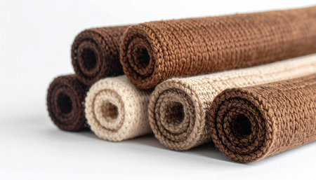 Folded brown and beige color fabric rolls isolated on white backgroundの素材