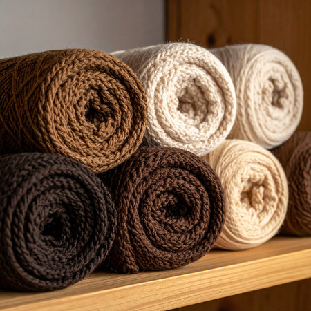 Rolls of beige and brown woolen yarn on a wooden shelfの素材