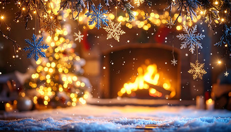 Christmas background with burning fireplace, Christmas tree and snowflakes.の素材