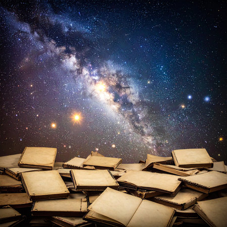 Pile of old books and milky way in the night skyの素材
