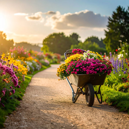 Wheelbarrow full of colorful flowers in a garden at sunset.の素材