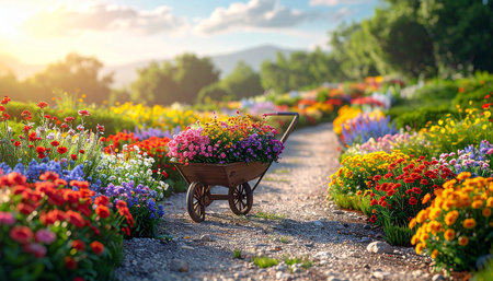 Small wheelbarrow with colorful flowers in the garden at sunset.の素材