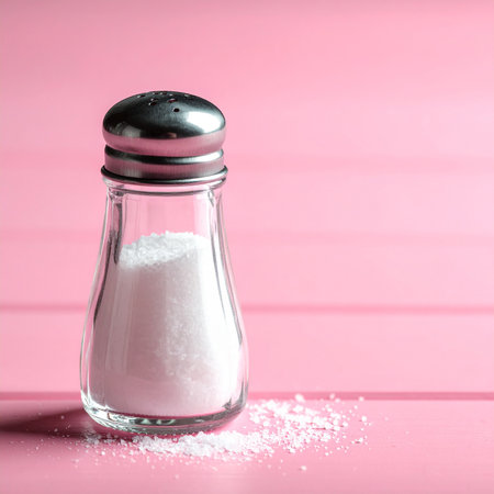 Salt and pepper shaker on pink wooden background. Copy space.の素材