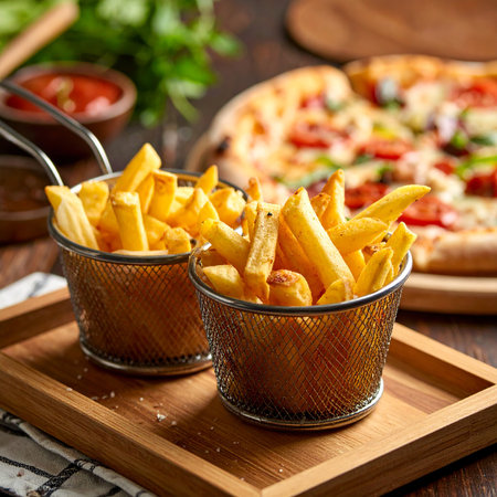 French fries with tomato sauce in a basket on a wooden board.の素材