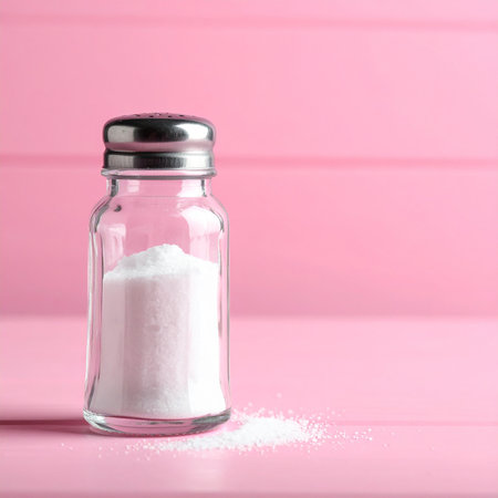 Salt in a glass jar on a pink background. Copy space.の素材