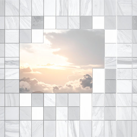 White tile wall background with sky and sun. 3d rendering.の素材