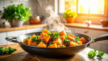 Baked pumpkin with parsley in a pan on the kitchen tableの素材