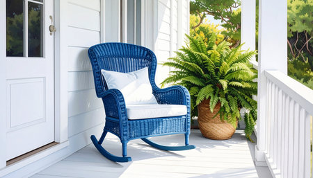 Blue rocking chair on the white porch of the house. 3d renderingの素材