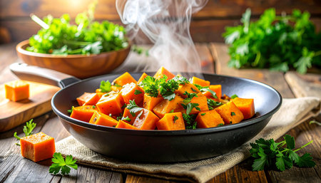 Baked sweet potato with herbs in a bowl on a wooden tableの素材