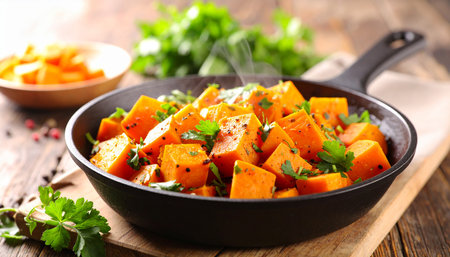 pumpkin with herbs in pan and on a table, foodの素材