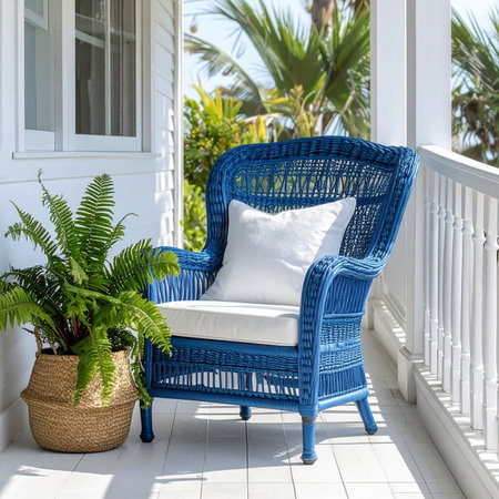 Blue wicker chair with pillows on the terrace of the houseの素材