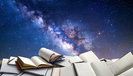 Open book, stack of books on table against starry sky backgroundの素材