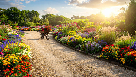 Beautiful flower garden at sunset. Spring landscape with colorful flowers.の素材
