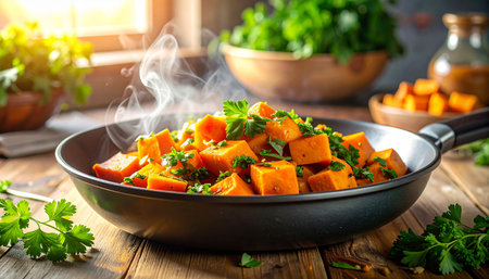 Roasted sweet potato with herbs in a pan on a wooden tableの素材