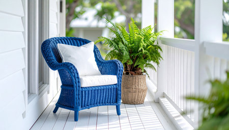 Blue wicker chair with white pillows and green plant on balconyの素材