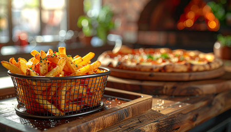 French fries in basket on wooden table in cafe, closeup viewの素材