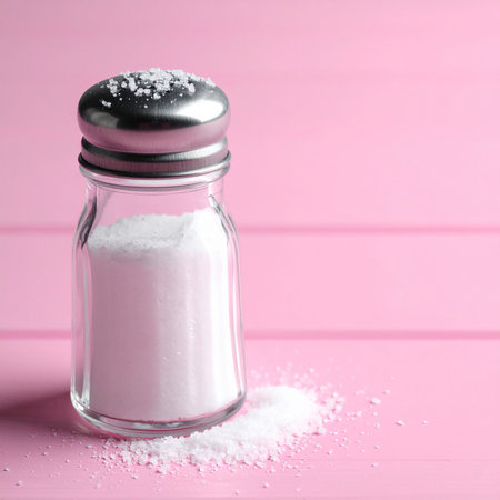 Salt shaker on pink wooden table, closeup. Space for textの素材