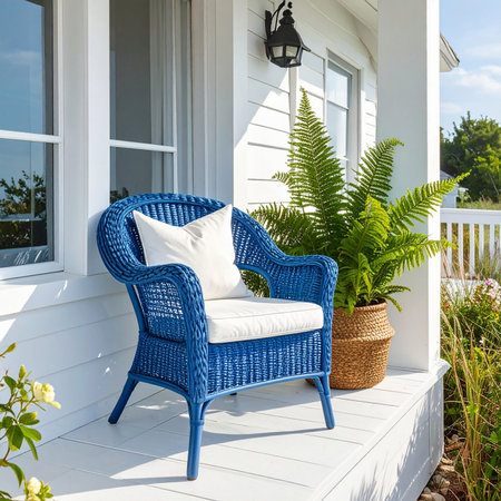 Blue wicker chair with cushions on a white veranda of a houseの素材