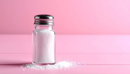 Salt in glass bottle on pink wooden table, closeup. Space for textの素材