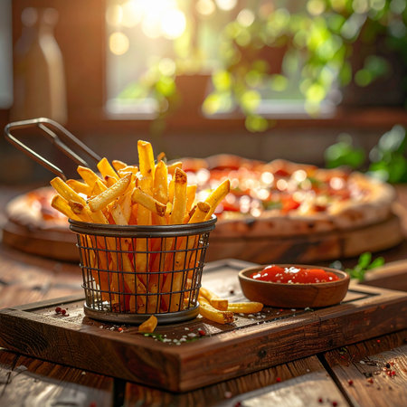 French fries in a basket on a wooden table. Selective focus.の素材